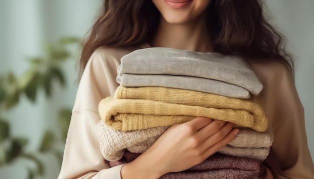 Kobieta trzymająca stos wełnianych swetrów po praniu