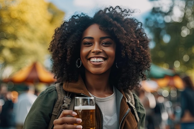 Kobieta trzymająca szklankę piwa uśmiecha się do kamery.
