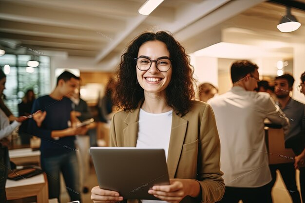 Kobieta trzymająca tablet przed grupą ludzi