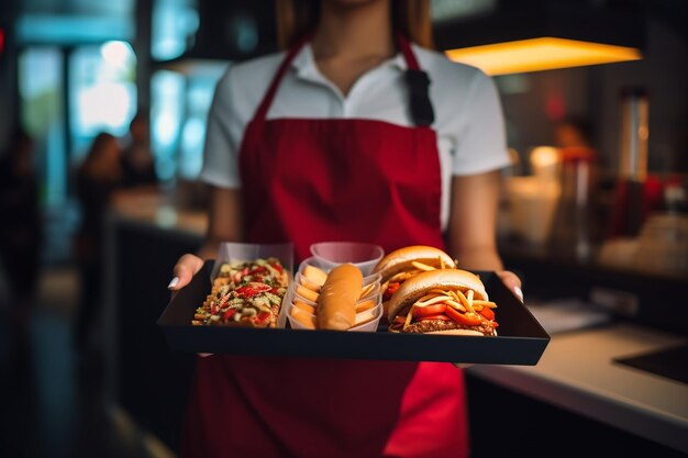 Zdjęcie kobieta trzymająca tacę z jedzeniem z tacą z frytkami i hot dogami.