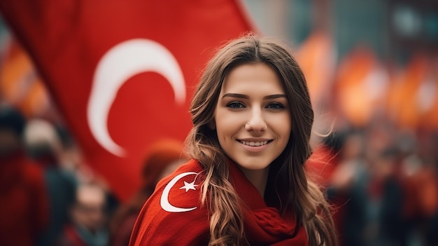 Kobieta trzymająca turecką flagę narodową Świętująca turyjski dzień narodowy Generative Ai