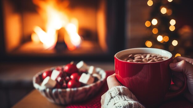 Kobieta trzymająca w rękach kubek gorącej czekolady lub kawy przy świątecznym kominku Kobieta relaksuje się przy ciepłym ogniu z filiżanką gorącego napoju Koncepcja zimowych świąt Bożego Narodzenia