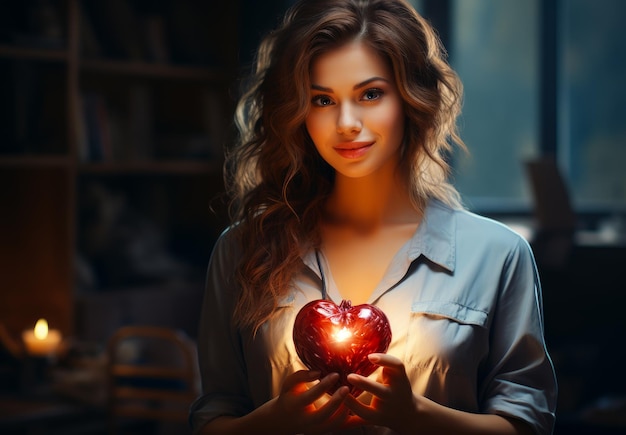 Kobieta trzymająca w rękach świecące serce