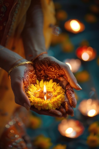 Kobieta trzymająca w rękach zapaloną świecę odpowiednią dla różnych tematów