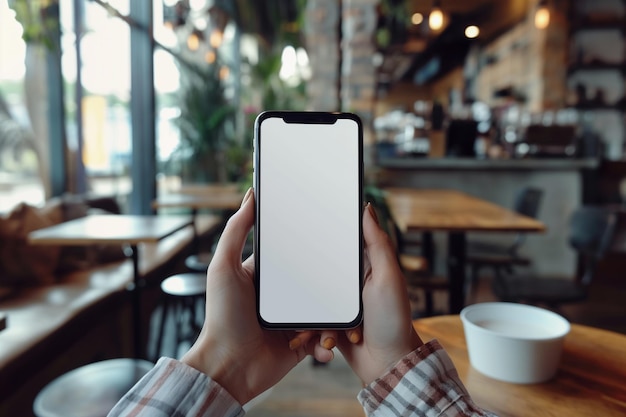 Kobieta trzymająca w ręku telefon komórkowy z białym ekranem Mockup dla nowoczesnego wyświetlacza technologii cyfrowej