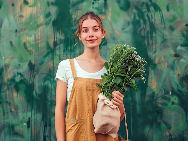 Kobieta trzymająca wiązkę zielonych warzyw