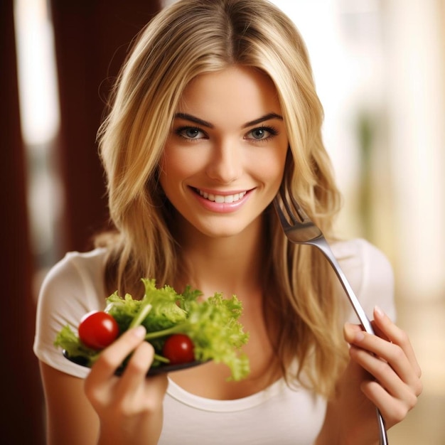Zdjęcie kobieta trzymająca widelec i talerz z jedzeniem