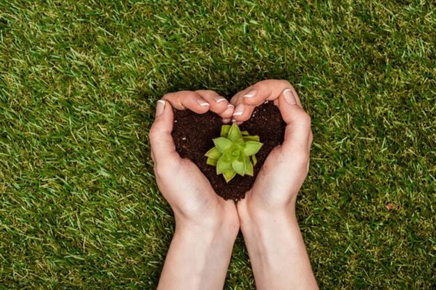 Kobieta trzymająca ziemię w kształcie serca i zieloną trawę w ręku w Dzień Ziemi