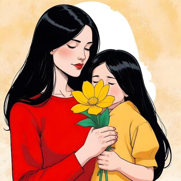 Kobieta trzymająca żółty kwiat z dziewczyną trzymającą żółty kwiat