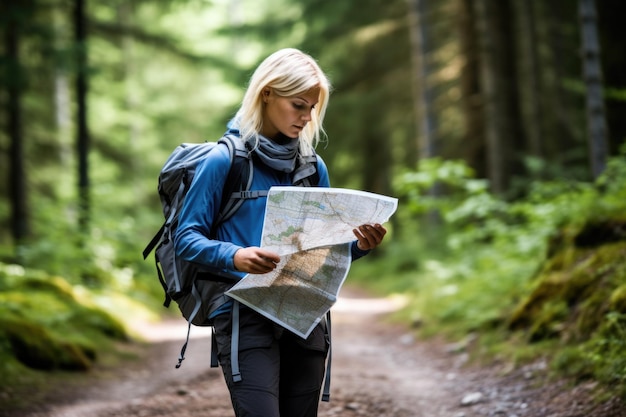 Zdjęcie kobieta turystka czytająca mapę w lesie podczas biwakowania