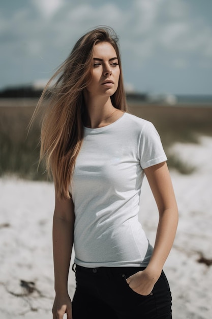 Kobieta ubrana w białą koszulkę i szare spodnie stoi na plaży.