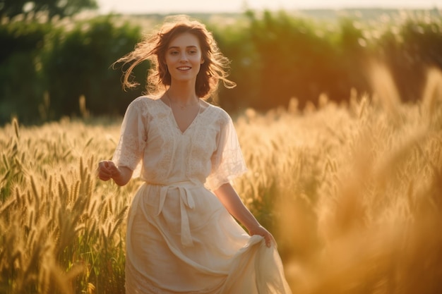 Kobieta ubrana w białą sukienkę na polu pszenicy