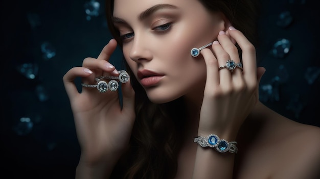 Kobieta ubrana w bransoletkę z niebieskimi kamieniami szlachetnymi