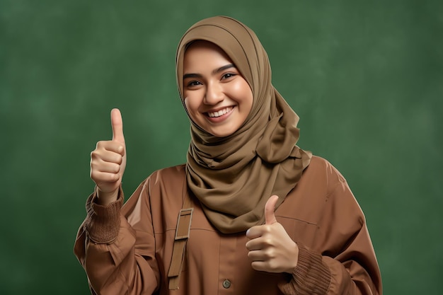 Kobieta ubrana w brązowy hidżab i brązowy szalik uśmiecha się i pokazuje kciuki do góry.