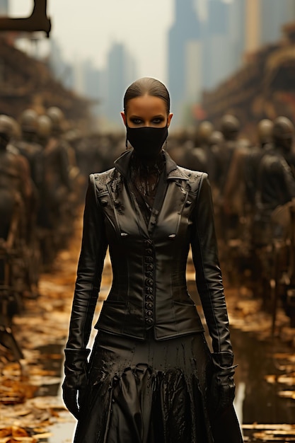 kobieta ubrana w czarną maskę i skórzaną kurtkę