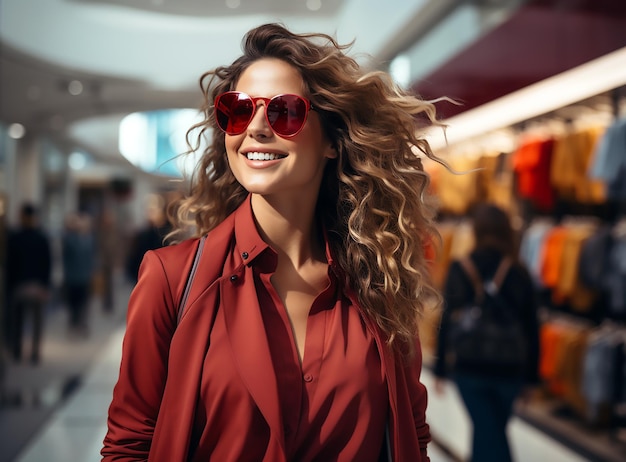 kobieta ubrana w czerwoną koszulę z okularami przeciwsłonecznymi