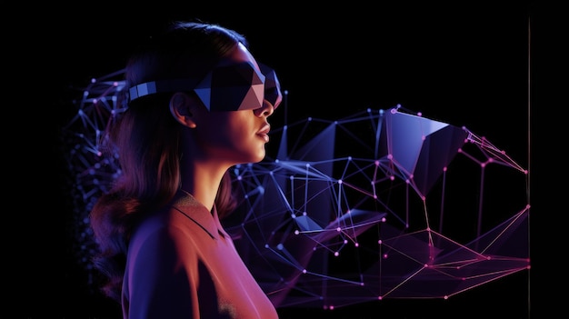 Kobieta ubrana w generatywną sztuczną inteligencję zestawu słuchawkowego wirtualnej rzeczywistości
