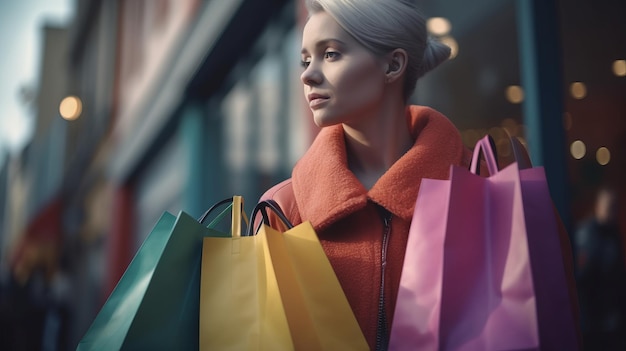 Kobieta ubrana w kilka kolorowych toreb na zakupy wygenerowana przez AI