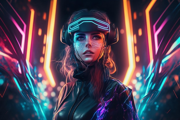 Kobieta ubrana w neonowy garnitur Technologia cyfrowa Metaverse Avatar