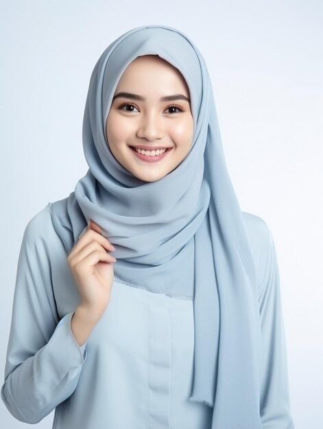 kobieta ubrana w niebieski hidżab z uśmiechem na twarzy.