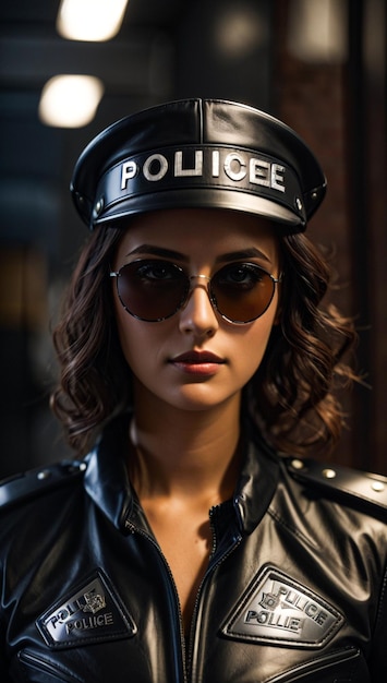 Kobieta ubrana w skórzaną kurtkę z napisem „policja”.