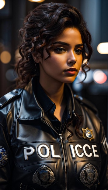 Kobieta ubrana w skórzaną kurtkę z napisem „policja”.