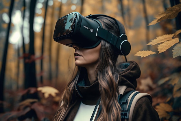 Kobieta ubrana w zestaw słuchawkowy VR na zewnątrz w lesie.