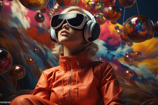Kobieta ubrana w zestaw słuchawkowy VR surrealistyczny świat i wirtualna rzeczywistość kolorowe kwiaty pola Generative AI