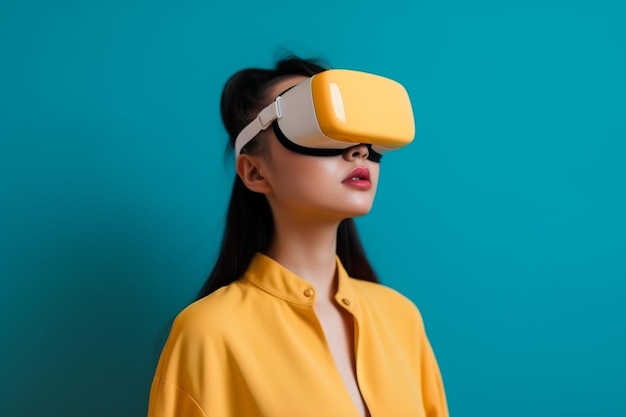 kobieta ubrana w zestaw słuchawkowy wirtualnej rzeczywistości na niebieskim tle