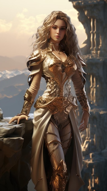 Kobieta ubrana w złoty strój, stojąca na klifie