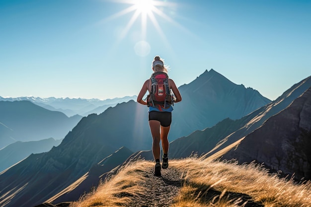 Kobieta ultramaratonu podbijająca nasłonecznioną grań alpejską w emocjonującym wyścigu ultramaratońskim