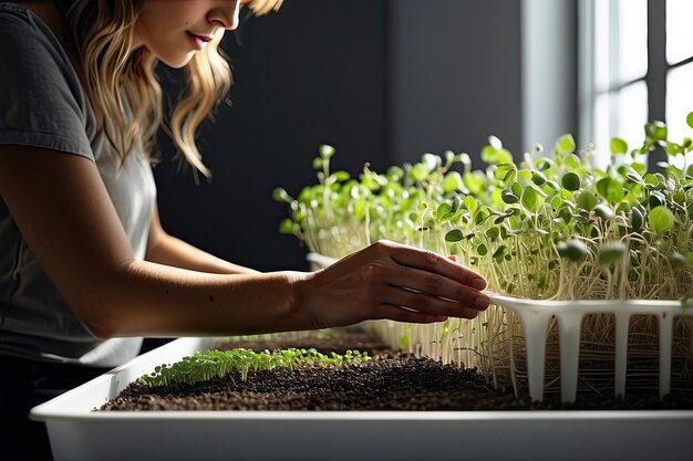 Zdjęcie kobieta uprawia mikrogrownice w pojemniku w kuchni witaminy w domu na parapecie wygenerowane przez sztuczną inteligencję