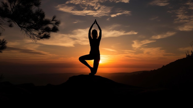 Kobieta uprawiająca jogę na górze o zachodzie słońca