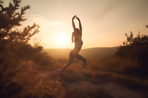 Zdjęcie kobieta uprawiająca jogę w górach o zachodzie słońca