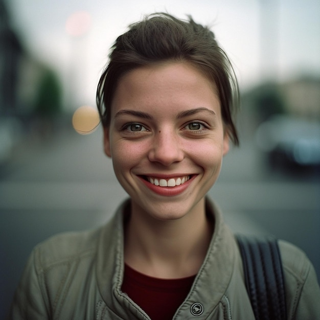 Kobieta uśmiecha się do kamery z uśmiechem na twarzy.