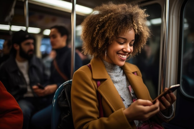 Kobieta uśmiecha się i korzysta z telefonu komórkowego w metrze obok okna