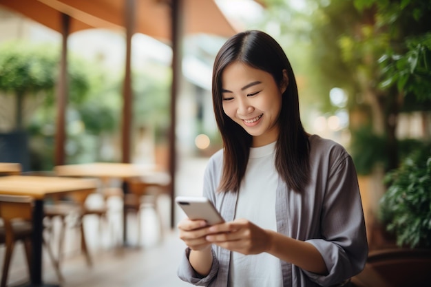 Kobieta uśmiecha się i używa telefonu komórkowego do płatności online