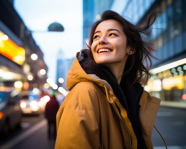 kobieta uśmiecha się idąc ulicą miasta