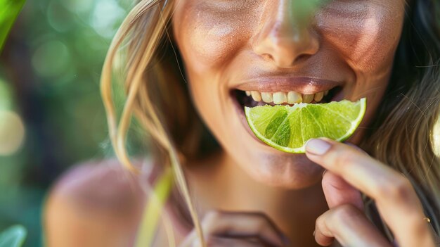 Zdjęcie kobieta uśmiecha się, jedząc cytrynę, szczęśliwa z pikantnych owoców.