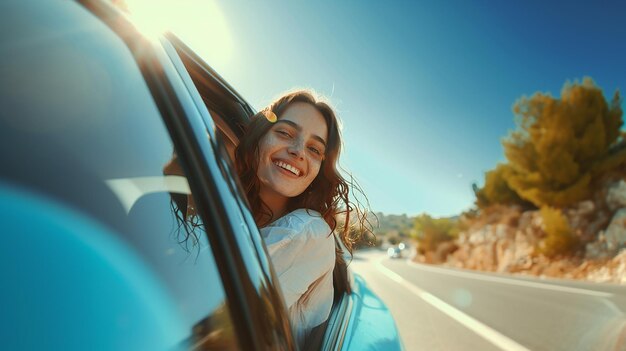 Zdjęcie kobieta uśmiecha się w samochodzie, a słońce świeci na jej twarzy.