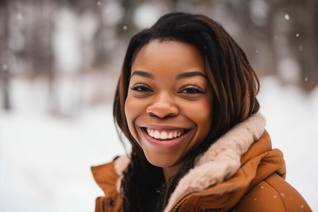 Kobieta uśmiecha się w śniegu w zimie.