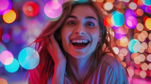 Kobieta uśmiechająca się przed kolorowymi światłami