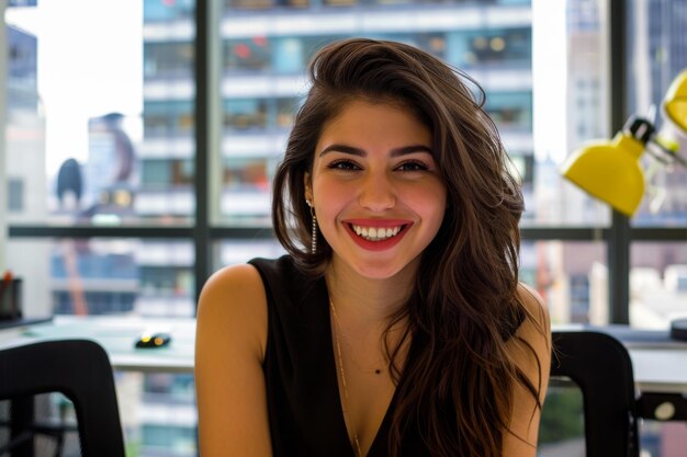 Zdjęcie kobieta uśmiechająca się przy stole generatywna sztuczna inteligencja