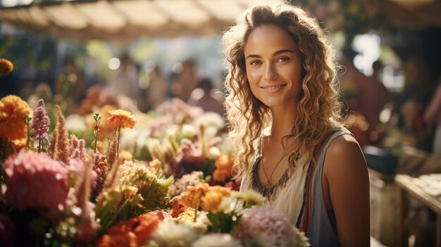 Kobieta uśmiechająca się w kwiaciarni Piękne kwiaty przynoszą radość i szczęście