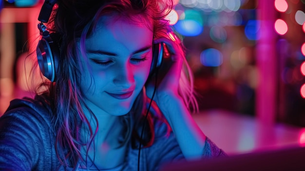Kobieta uwielbia mieszać muzykę i tworzyć rytm za pomocą laptopa