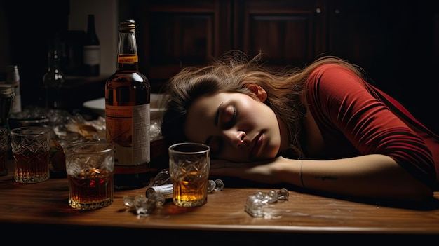 Zdjęcie kobieta uzależniona od alkoholu śpiąca przy stole