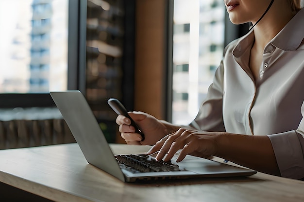 Zdjęcie kobieta używa laptopa, a telefon jest przed nią.