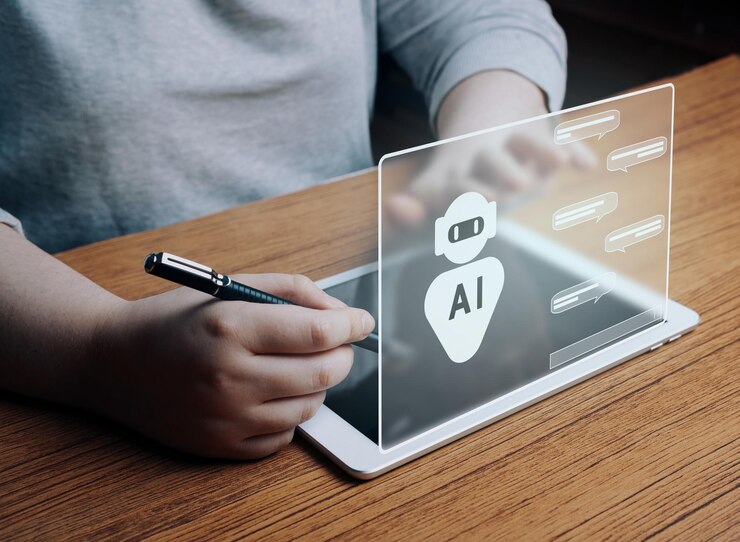 Kobieta używa tabletu z hologramowym interfejsem chatbota AI Wiersz polecenia Sztuczna inteligencja