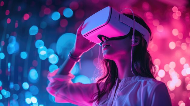 Kobieta używająca headsetów VR w ciemnym pokoju zanurzona w fioletowym wirtualnym rozrywce aig