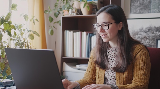kobieta używająca laptopa z książką na półce za nią
